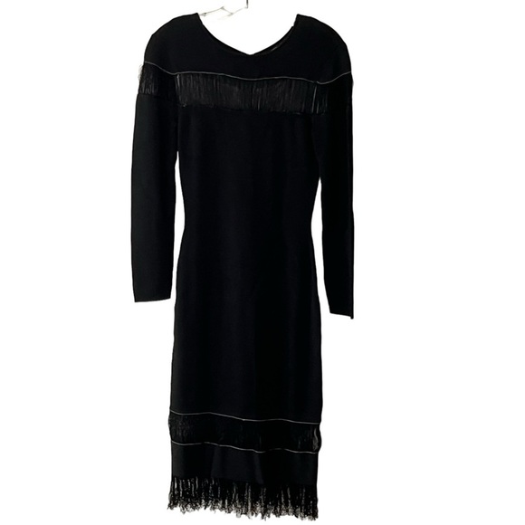 BLACK Sachin & Babi Seraphina Long Sleeve Fringe Knit Black Dress Gown S - Picture 1 of 16